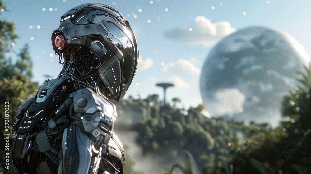 Futuristic Cyborg in a Lush, Alien Landscape Futuristic Cyborg in a Lush, Alien Landscape