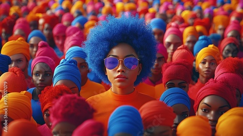 An inspiring scene featuring a diverse crowd with vibrant colors, showcasing individuality and bold fashion choices. photo