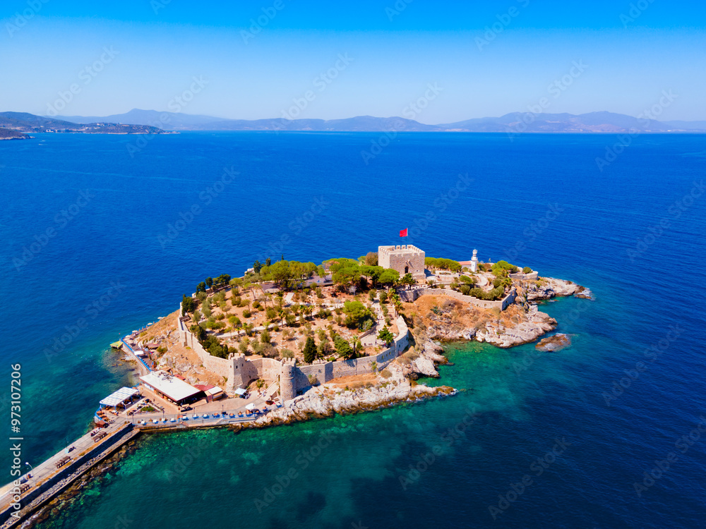 Pigeon Island aerial panoramic view in Kusadasi city, Turkey