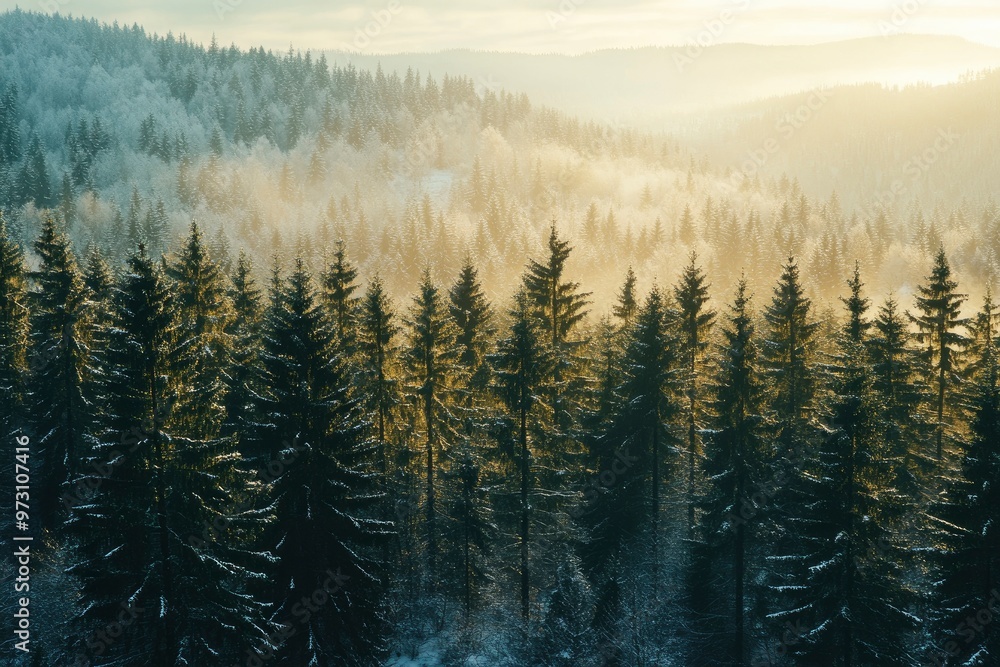 Obraz premium A stunning winter landscape during sunset where a dense forest of vibrant green pine trees with generative ai