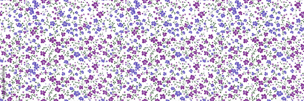 Seamless Floral Pattern with Delicate Purple Flowers on White Background Seamless Floral Pattern with Delicate Purple Flowers on White Background