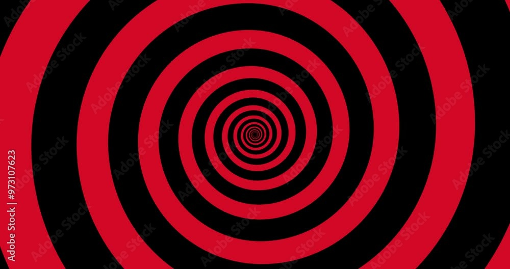 Moving hypnotic spiral. Seamless Psychedelic spiral and slow rotation. Red and black background.