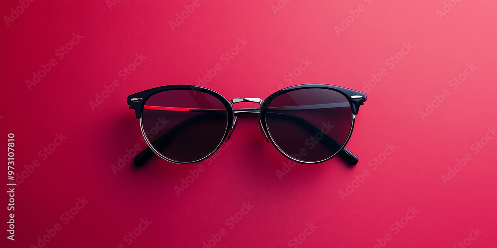 A pair of stylish round sunglasses placed neatly on a smooth red background, conveying fashion, modernity, and simplicity. A pair of stylish round sunglasses placed neatly on a smooth red background, conveying fashion, modernity, and simplicity.