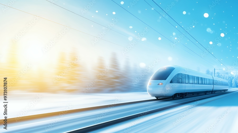 Naklejka premium White high-speed train traveling through snowy landscape.
