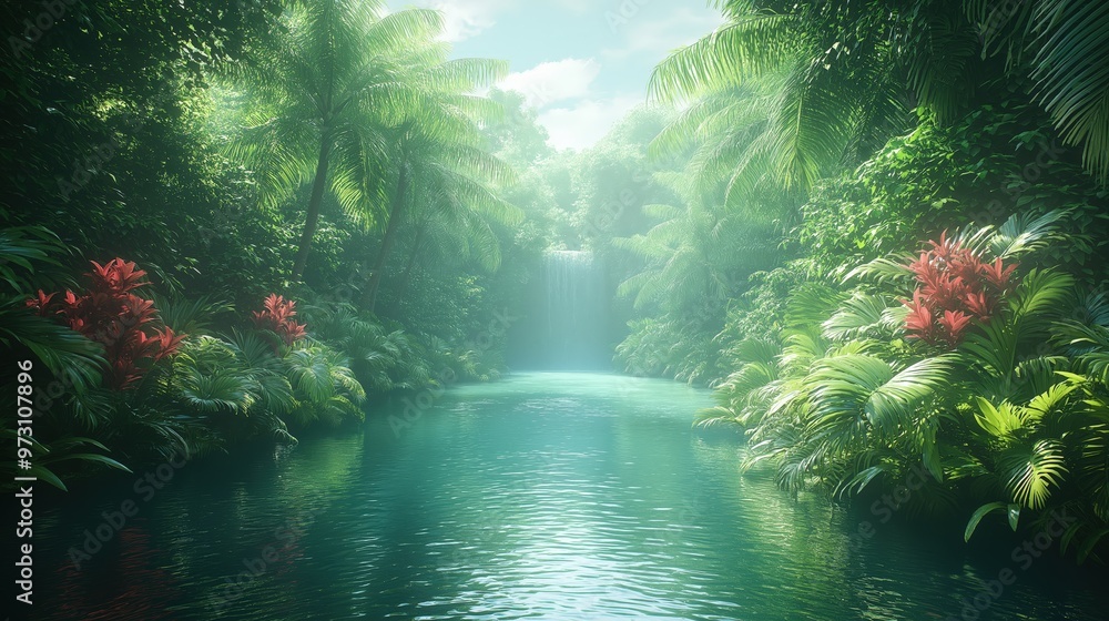 Fototapeta premium Serene Rainforest River Meandering Through Lush Tropical Vegetation - Idyllic Tropical Landscapes in Nature