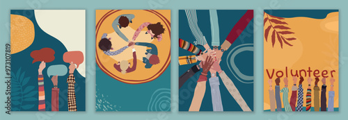 Volunteer people group concept. Banner poster editable template.Multicultural diverse people. Raised hands. People in circle. Solidarity. NGO Aid concept. Charitable donation