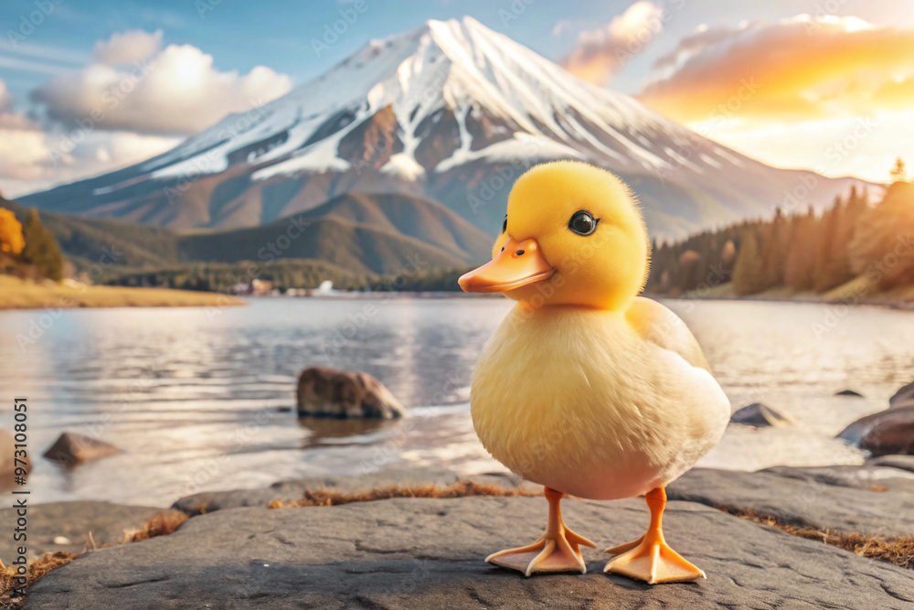A Cute Yellow Duckling Standing Near a Lake with a Mountain in the Background A Cute Yellow Duckling Standing Near a Lake with a Mountain in the Background