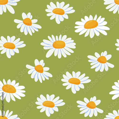 Seamless pattern with chamomile flower, white flowers with a yellow center on a green background. Use for print and banners Vector illustration.