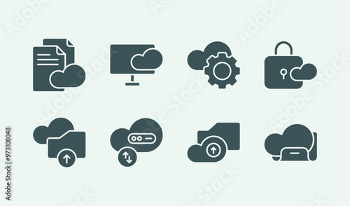 Cloud file management and service presentation solid icon illustration set design