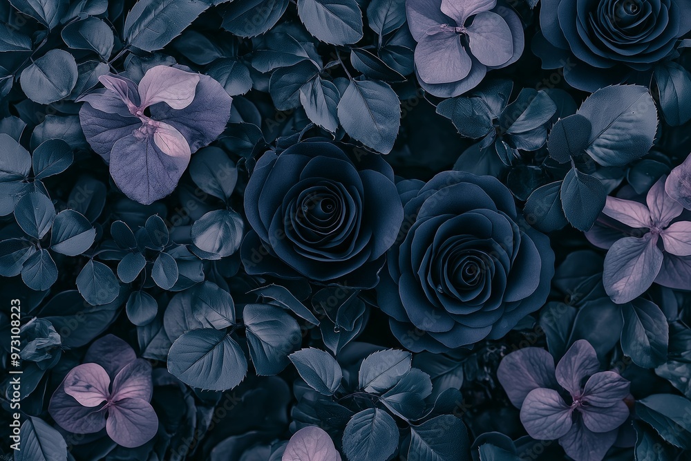 Dark roses and various other foliage create a moody and detailed scene of contrasting purple and green shades. Dark roses and various other foliage create a moody and detailed scene of contrasting purple and green shades.