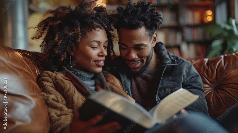 Realistic image of a young couple reading the Bible together in a cozy living room high-definition clarity Realistic image of a young couple reading the Bible together in a cozy living room high-definition clarity