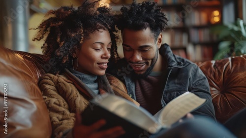 Realistic image of a young couple reading the Bible together in a cozy living room high-definition clarity