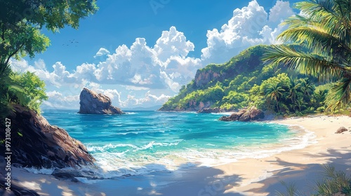 Serene Tropical Coastline: A Paradise of Rocky Cliffs and Pristine Beaches