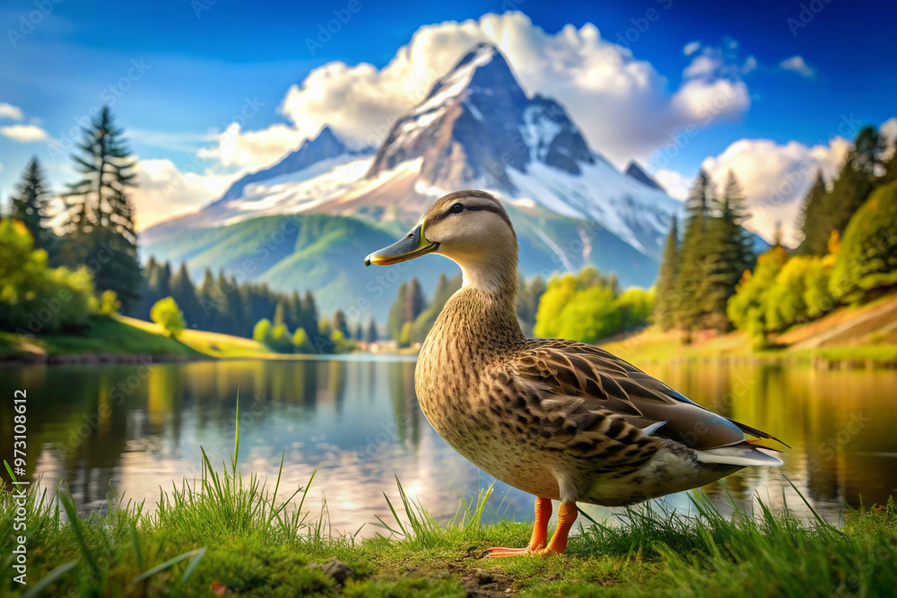 Duck by a Mountain Lake with Snowy Peak in the Background Duck by a Mountain Lake with Snowy Peak in the Background