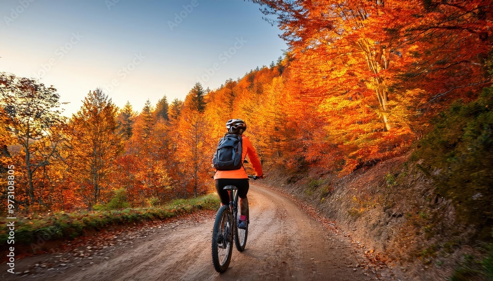 Woman riding a bicycle in forest in autumn at sunset. Colorful landscape with sporty girl Woman riding a bicycle in forest in autumn at sunset. Colorful landscape with sporty girl