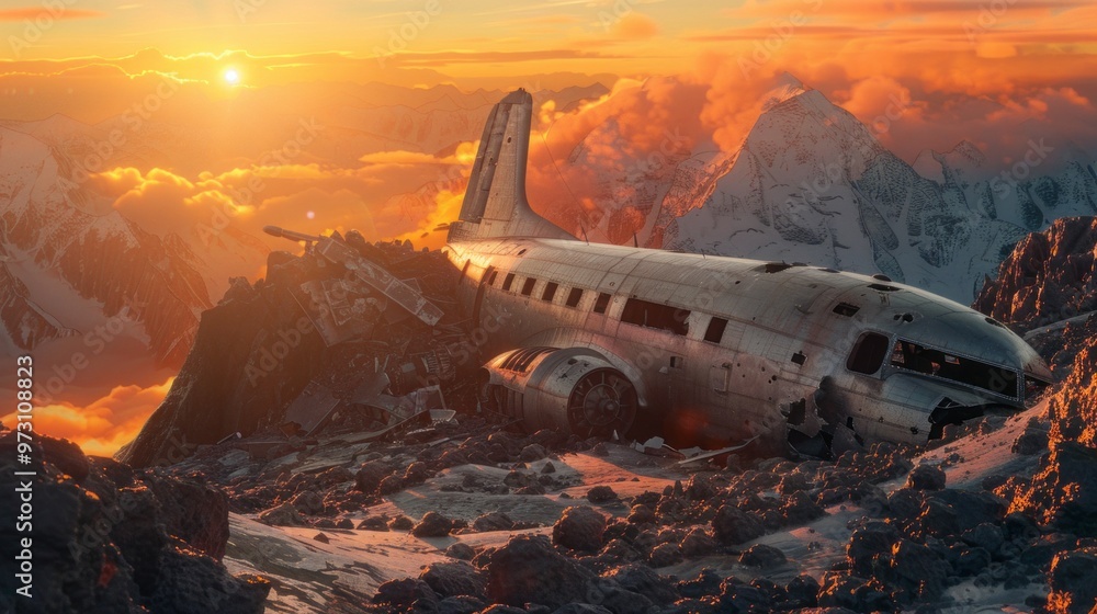 A crashed airplane is on a mountain top A crashed airplane is on a mountain top