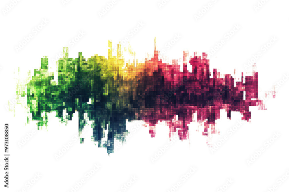 Obraz premium Abstract colorful soundwave render. Vibrant digital art with a mix of green, blue, purple, and yellow hues capturing a dynamic sound pattern.