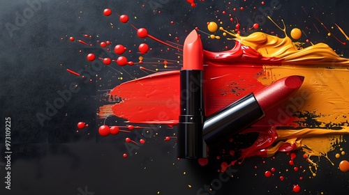 Lipstick with Paint Splashes: A bold lipstick with dynamic paint splashes flowing around it. 