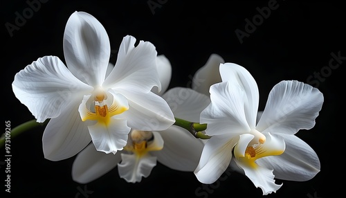 Stunning White Orchid Blossoms with Yellow Centers on Dramatic Black Background