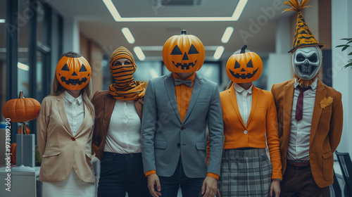 Office Costume Contest, employees wear creative costumes and compete for prizes, Halloween, with copy space