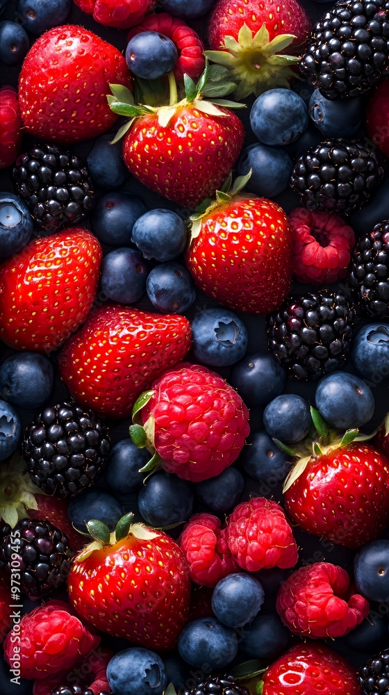 Close-up of Fresh Red Strawberries, Blueberries, Raspberries and Blackberries. Close-up of Fresh Red Strawberries, Blueberries, Raspberries and Blackberries.