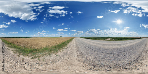 Photography hdri 360 panorama of blue sky with awesome clouds on roadside of gravel road amo