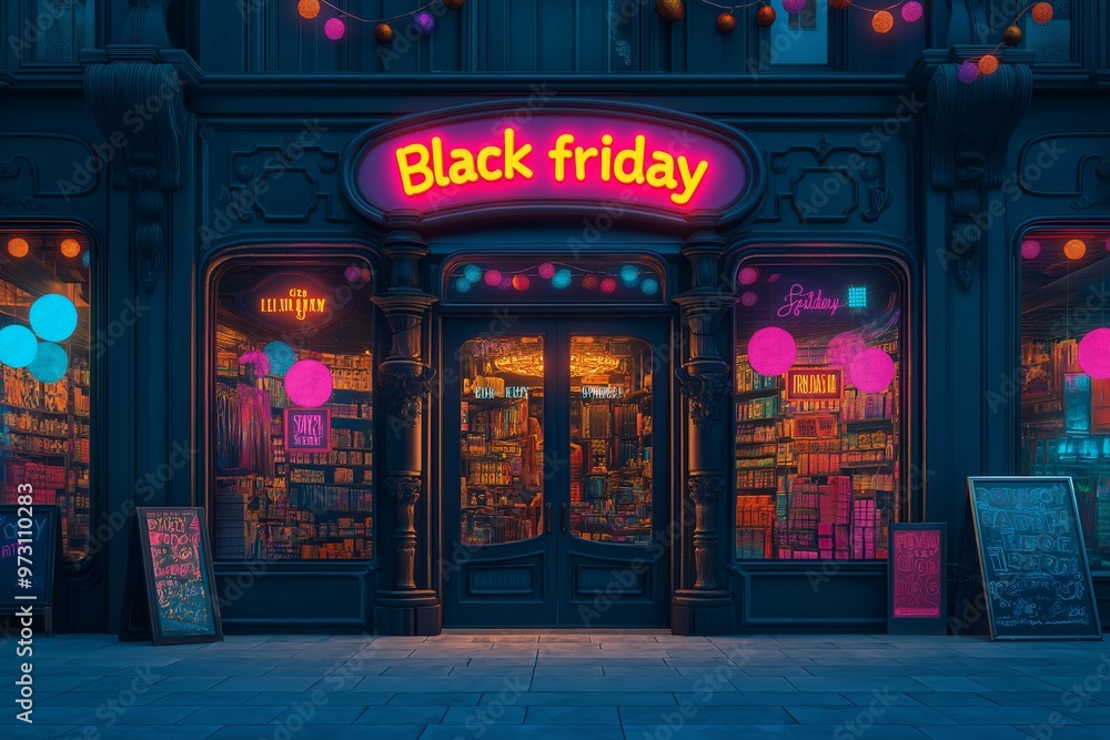 Blak Friday neon sign on the entrance to a shop. 3D rendering Blak Friday neon sign on the entrance to a shop. 3D rendering