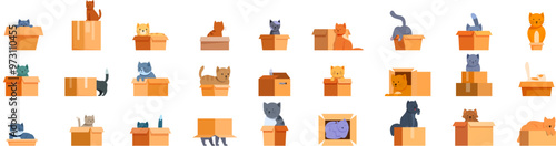Cat cardboard box icons set. Diverse set of cats enjoying the comfort and security of various cardboard boxes