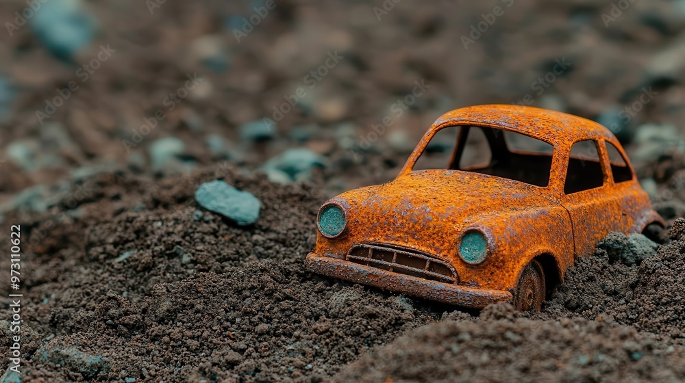A rusted metal toy car, partially buried in dirt, symbolizing lost childhood memories antique toy, timeworn nostalgia, rusted metal A rusted metal toy car, partially buried in dirt, symbolizing lost childhood memories antique toy, timeworn nostalgia, rusted metal