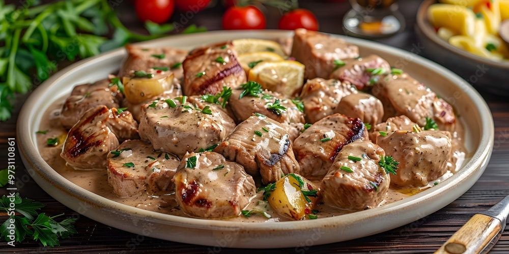 Plate of stroganoff on wooden table for gourmet meal. Plate of stroganoff on wooden table for gourmet meal.