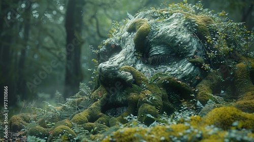 A mossy face emerges from the forest floor, eyes closed,  with a sense of peace and ancient wisdom. photo