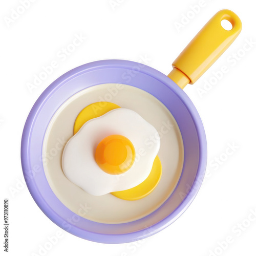 An image showing an icon of a 3D model of a frying pan with a fried egg. The pan has a yellow handle and the egg is in the middle. photo