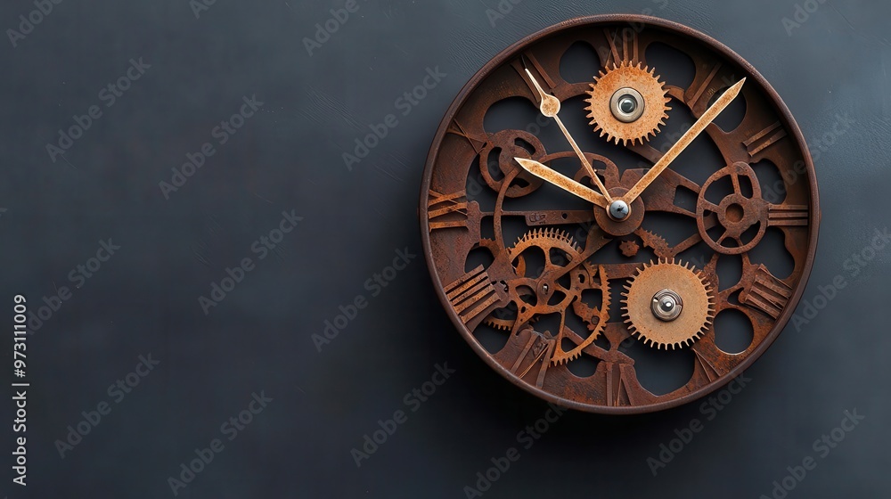 Fototapeta premium Vintage clock with rusted gears exposed, time frozen in place antique clock, timeworn mechanics, frozen in time