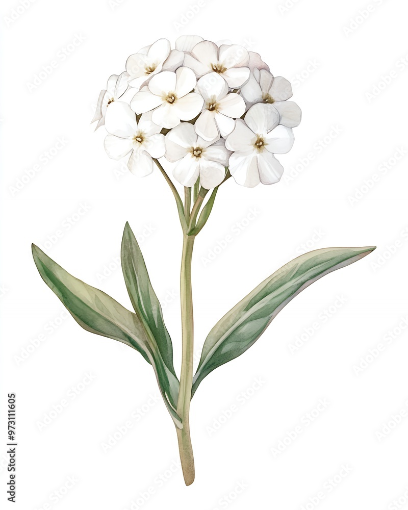 Obraz premium A single white flower with green leaves isolated on a white background.