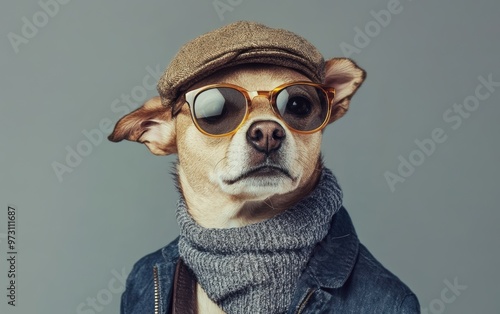 stylish and fashionable clothes fashionable look dog isolated on clear gray background photo
