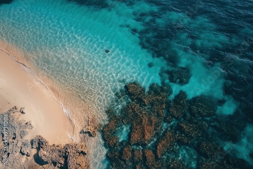 aerial photography,shorelines of philippines, camera looking towards the ocean horizon, clear water with visible sand and rocks underneath with generative ai