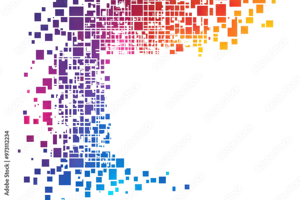 Colorful pixel art in gradient hues from purple to yellow, forming an abstract rectangular shape on a transparent background. Colorful pixel art in gradient hues from purple to yellow, forming an abstract rectangular shape on a transparent background.