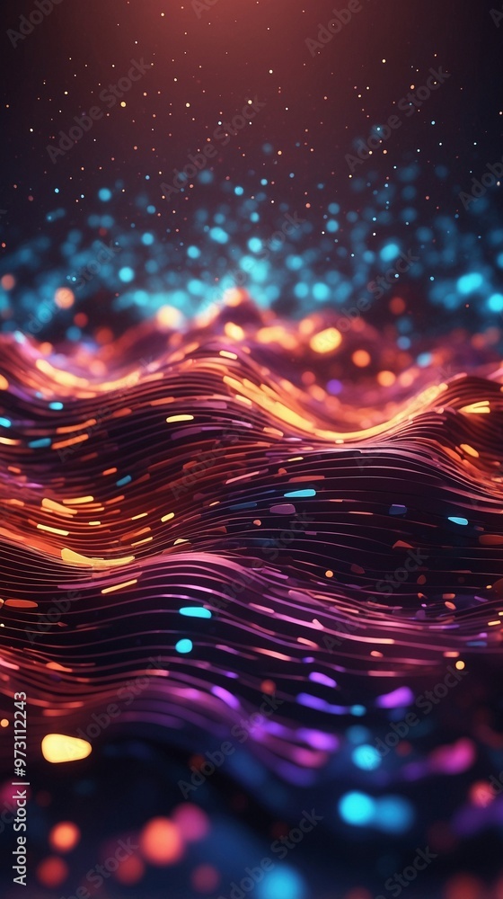 Obraz premium Futuristic data visualization with vibrant moving sound waves and glowing dots. Dynamic background.