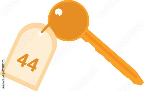 Gold metal key with key tag attached, key tag has number forty four on it, isolated on white background