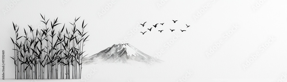 Silhouetted Bamboo Snowy Mountain Watercolor on Textured White Background A Minimalist JapaneseInspired Artwork Silhouetted Bamboo Snowy Mountain Watercolor on Textured White Background A Minimalist JapaneseInspired Artwork