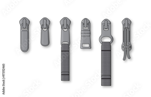 Luxury Zipper Puller Metal Trims Technical Illustration Design Mock-up Template With Nylon webbing pull tab.