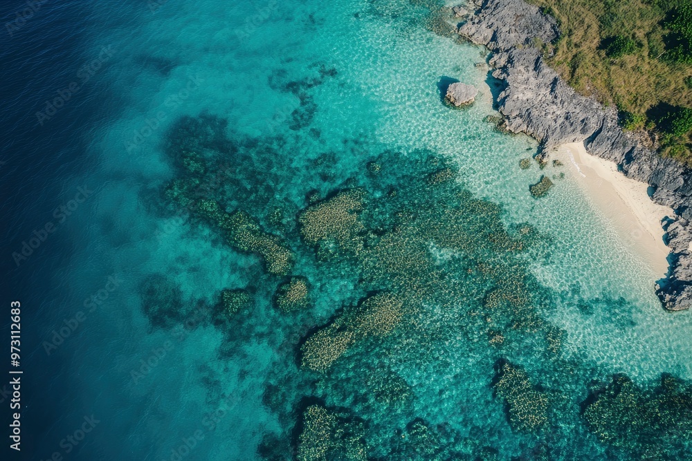 aerial photography,shorelines of philippines, camera looking towards the ocean horizon, clear water with visible sand and rocks underneath with generative ai aerial photography,shorelines of philippines, camera looking towards the ocean horizon, clear water with visible sand and rocks underneath with generative ai
