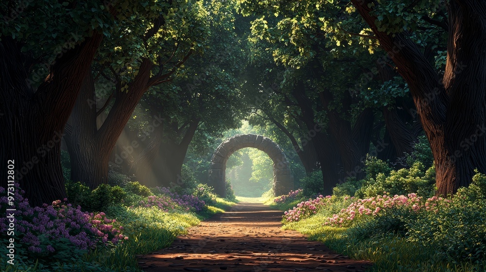 Fototapeta premium Sunlight Through the Trees An Enchanting Stone Archway in a Lush Forest Path