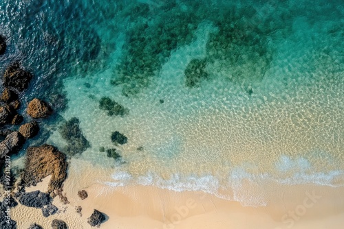 aerial photography,shorelines of philippines, camera looking towards the ocean horizon, clear water with visible sand and rocks underneath with generative ai