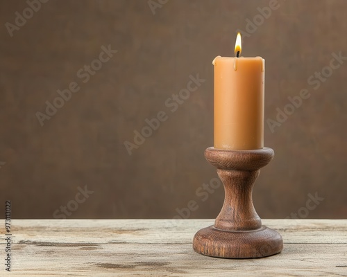 A rustic candleholder with melted wax remnants, sitting on a timeworn table covered in dust antique candleholder, timeworn, rustic