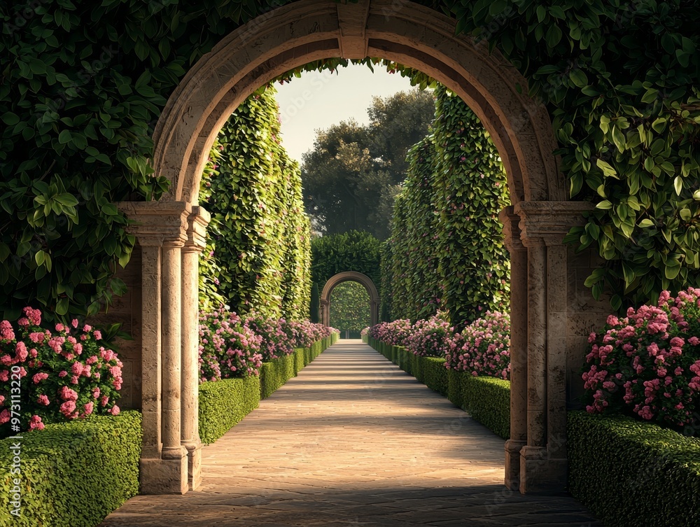 Fototapeta premium Stone Archway Leading to a Sunlit Path Through a Lush Garden