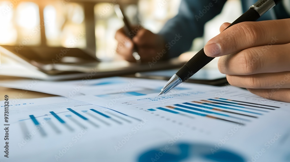 Closeup of Hand Holding Pen Over Blue Bar Graphs Closeup of Hand Holding Pen Over Blue Bar Graphs