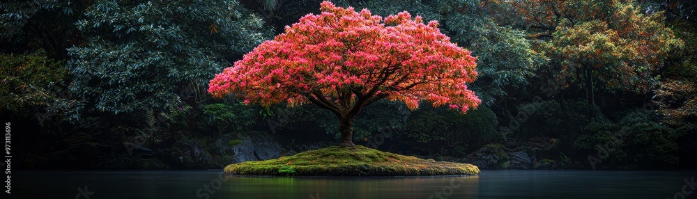 A Lonely Blossom A vibrant pink tree stands alone on a mossy island in a still dark pond contrasting the serene background A Lonely Blossom A vibrant pink tree stands alone on a mossy island in a still dark pond contrasting the serene background