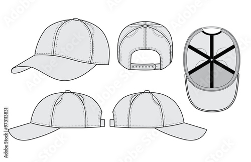 Sport Snapback Cap Hat Tech Pack Template with multiple views	