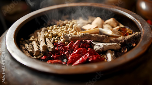 Chinese medicinal herbs being prepared for decoction, with ingredients like dried roots and berries